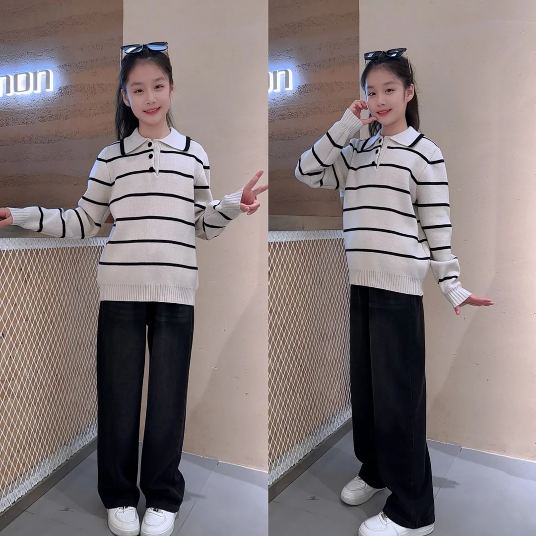 女童秋季休闲条纹毛衣外套牛仔裤套装