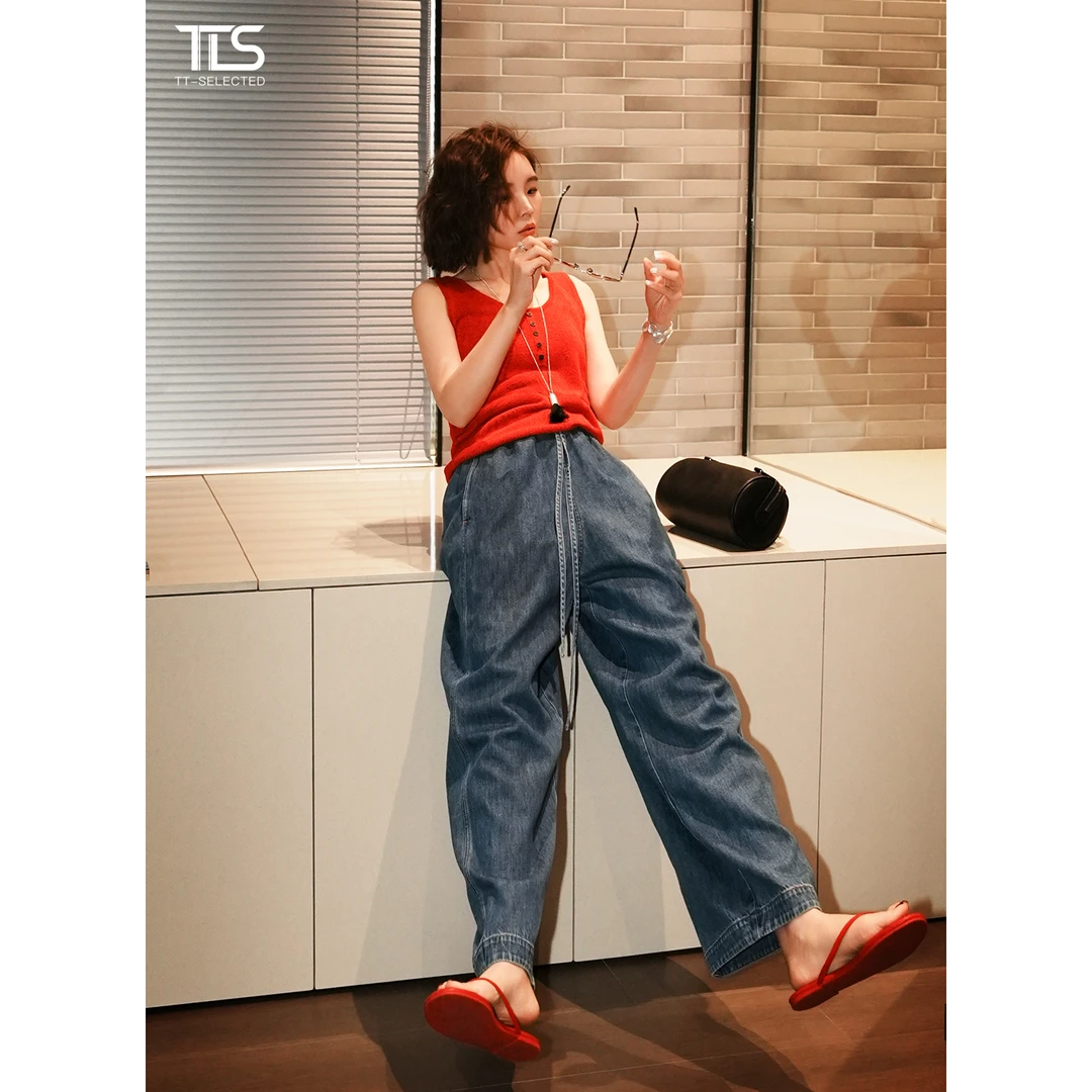 TT【企鹅牛仔】苎麻+棉阔腿裤直筒松紧腰水洗牛仔裤女1447
