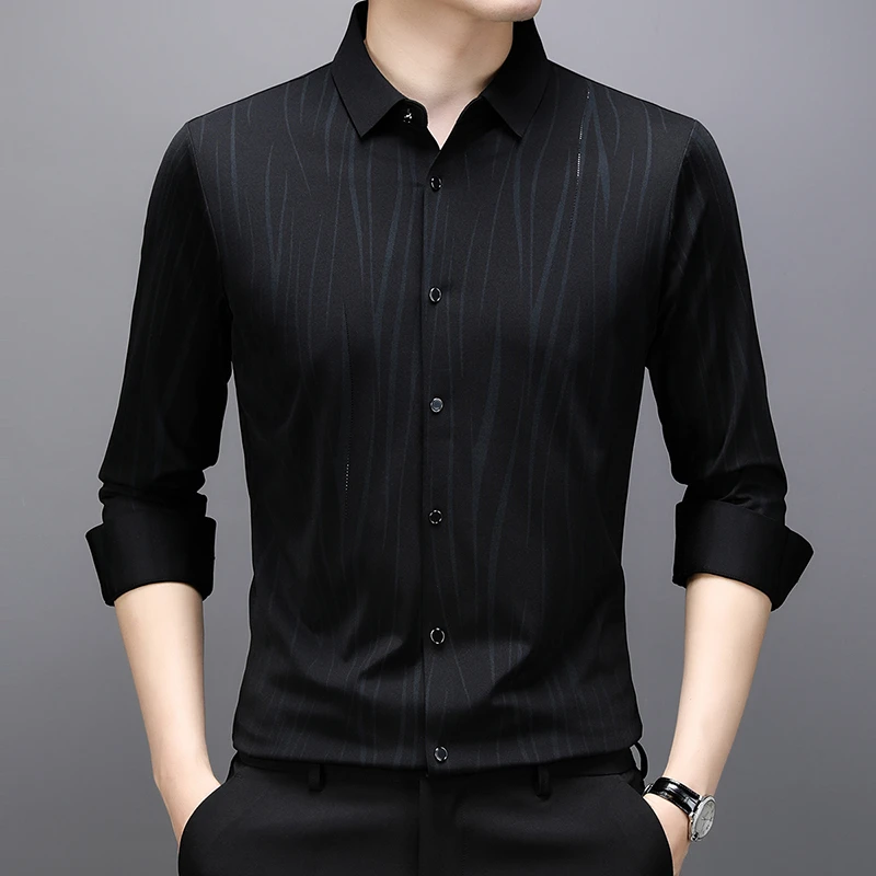 老爷车长袖男衬衣春秋季设计感条纹高档休闲无痕抗皱轻奢翻领衬衫