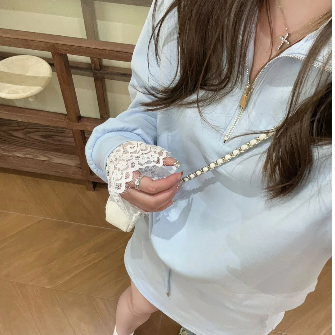 【BayaLi】2025春夏季新品拼接蕾丝袖卫衣套装