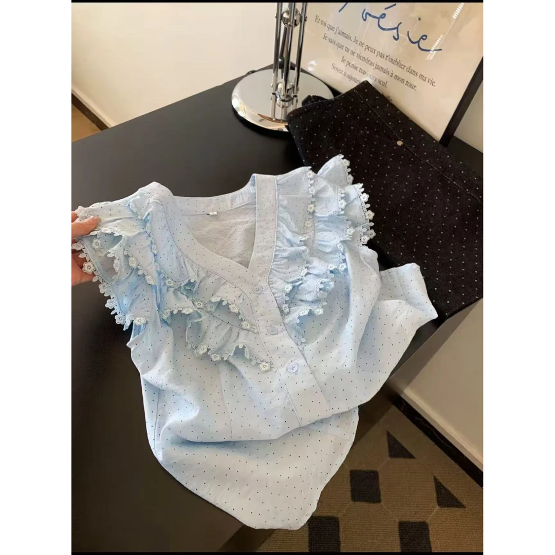 La Chapelle/拉夏贝尔波点V领短袖衬衫夏季新款上衣蕾丝泡泡袖