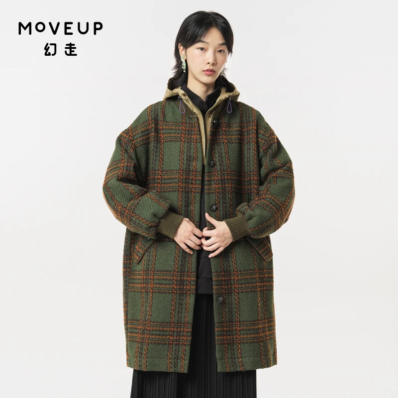 MOVEUP幻走冬新款.FUN 绣花长款大衣撞色格子毛呢外套女323421601
