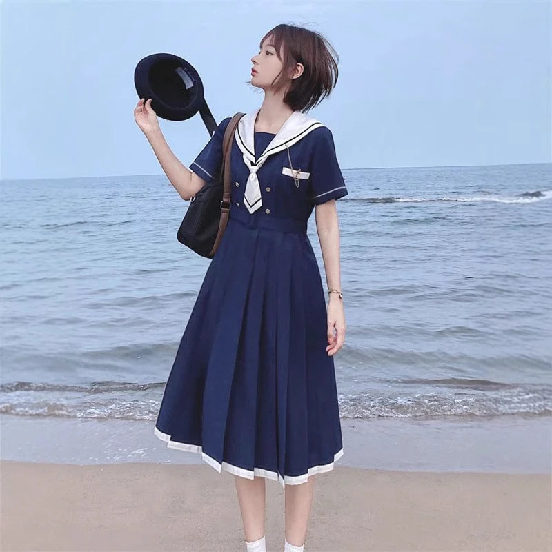 海军领韩系航海风蝴蝶结海军领连衣裙女学生夏季JK制服水手服收腰