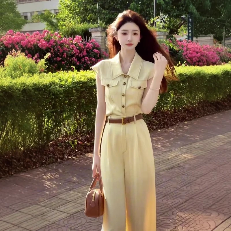 高级感时尚套装女夏季设计感黄色polo领牛仔上衣高腰长裤两件套女