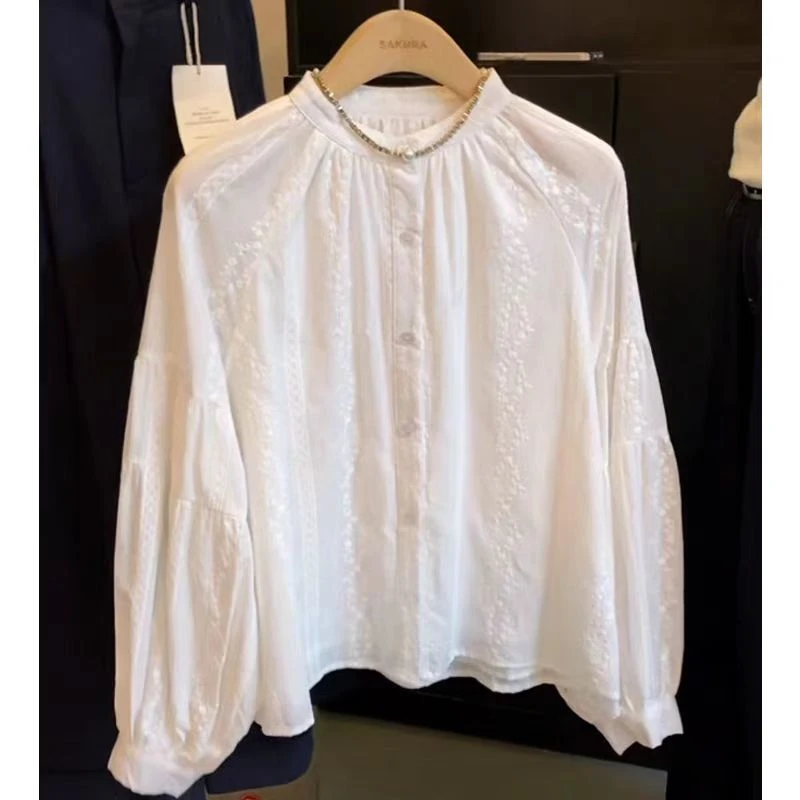 法式复古提花刺绣圆领衬衫女新款设计感拼接灯笼袖上衣减龄娃娃衫