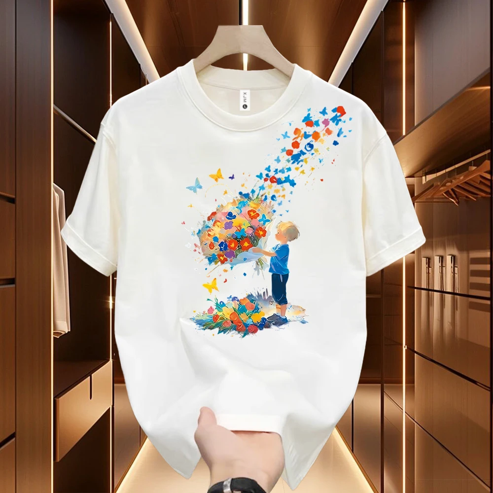 重磅纯棉短袖-鲜花男孩青年男女潮牌宽松百搭衣服圆领