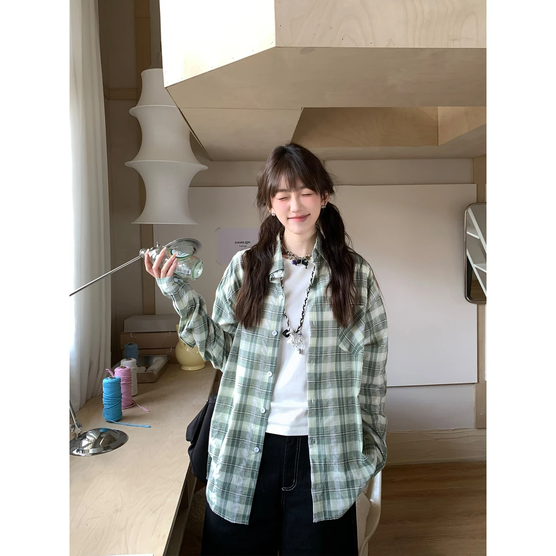 ANDEARDI美式潮牌格子衬衫外套女春款宽松长袖