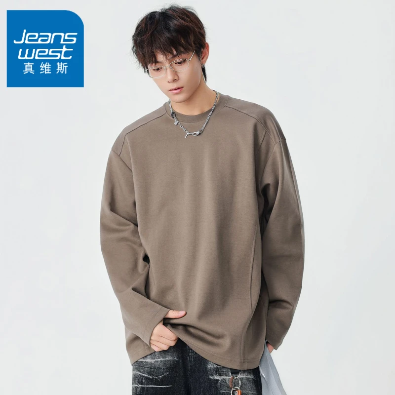 真维斯秋季长袖T恤男纯色拼接设计感圆领体恤衫百搭休闲潮流重磅