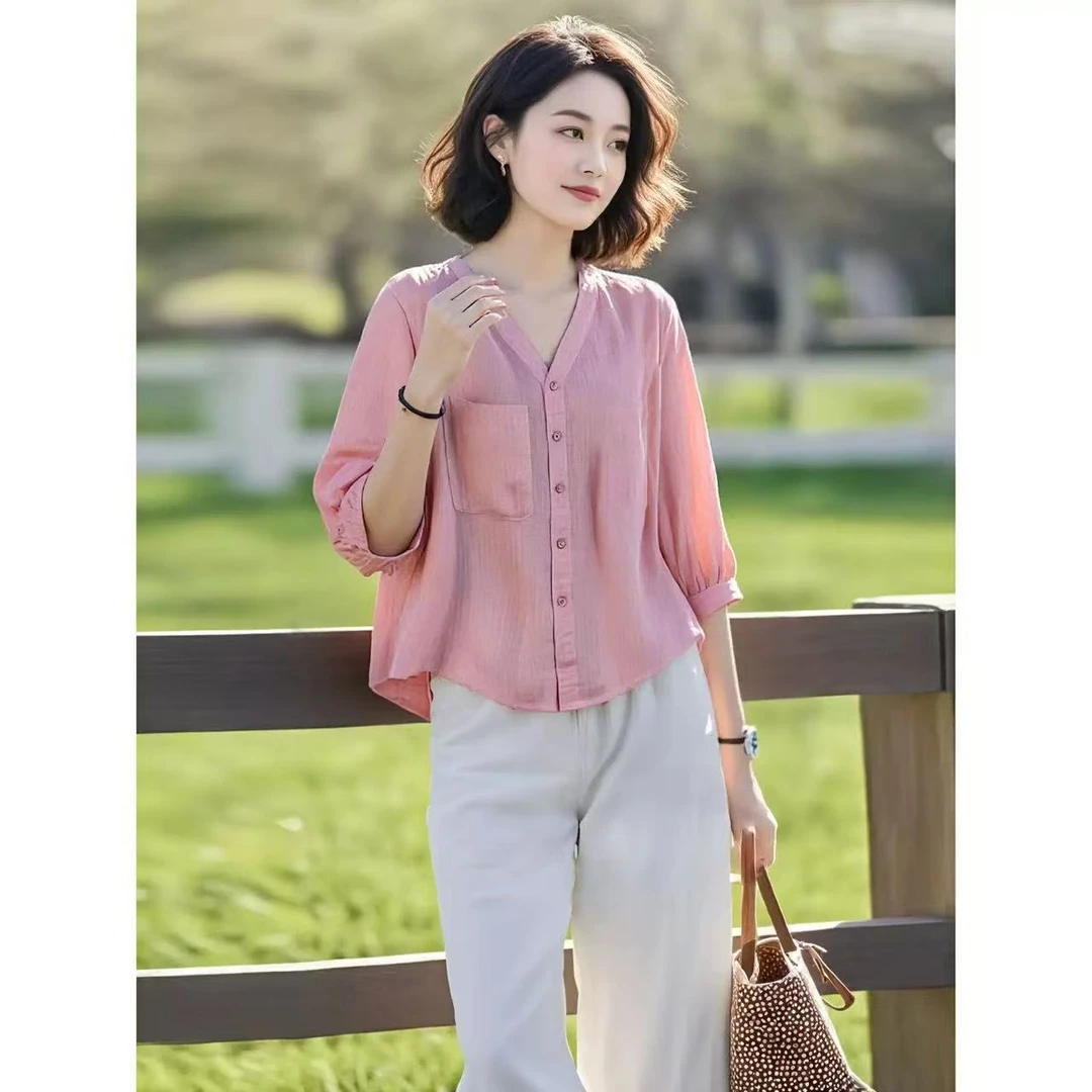 爆款2025夏季新款V领时尚衬衫遮肉显瘦遮肚子五分袖衬衣上衣女