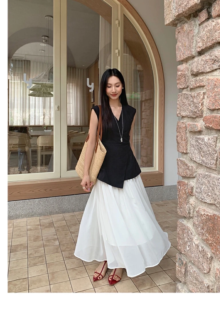 无袖网纱拼接假两件连衣裙女夏季气质收腰显瘦法式小众高级感裙子