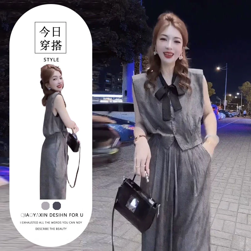 夏季减龄穿搭套装夏季高级感时尚显瘦蝴蝶结无袖商业阔腿裤两件套