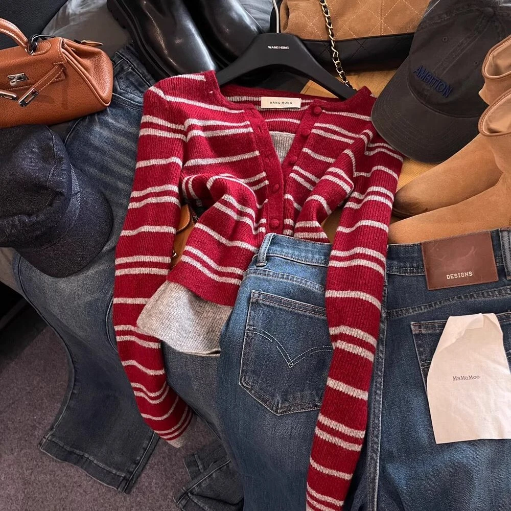 【羊毛】休闲2025冬新款洋气复古风百搭显瘦条纹假两件设计感针织衫