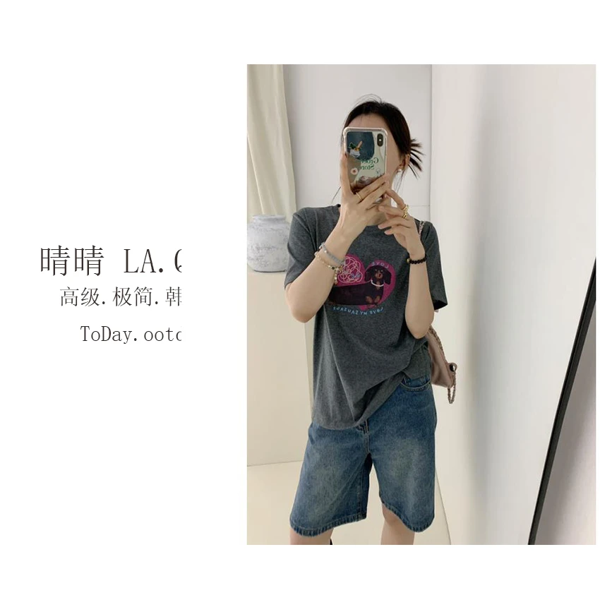 晴晴家-【爱心腊肠狗】韩系时尚休闲宽松腊肠小狗爱心短袖T恤2570