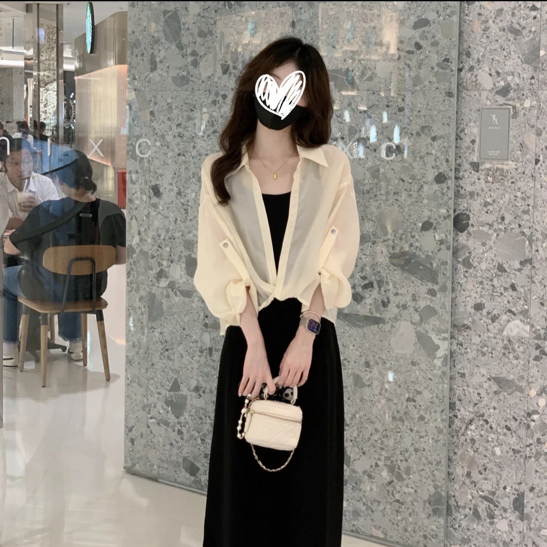 2025夏季新款富家千金高级感穿搭海边度假防晒衬衫吊带连衣裙套装