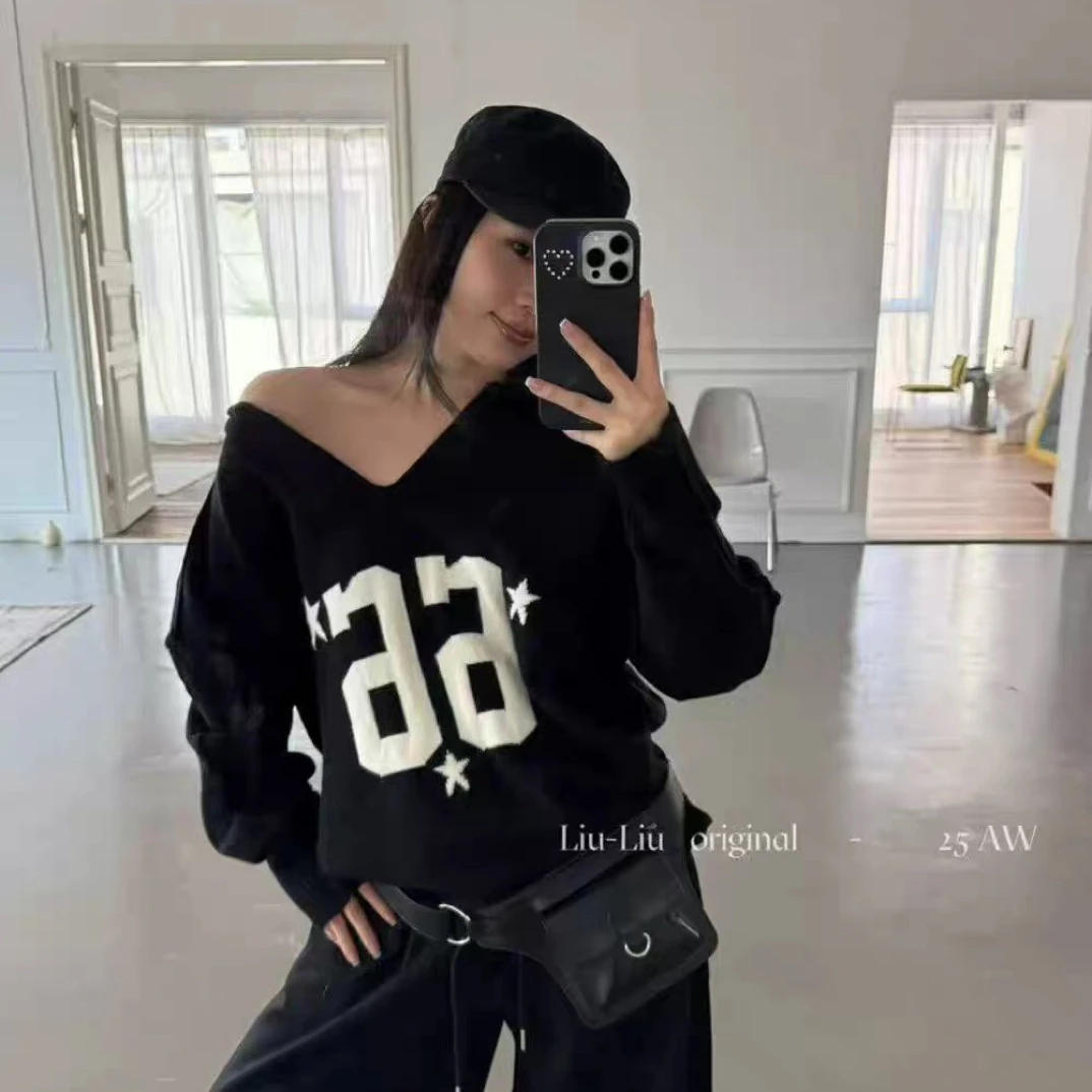 越野兔 星星66毛衣v领宽版毛衣