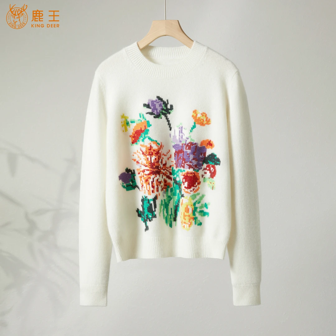 King Deer/鹿王秋冬女士百搭针织圆领长袖羊绒衫L805601