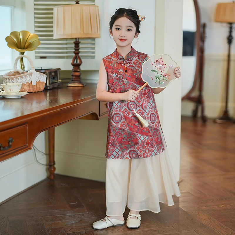 53853【如意】女童红色旗袍上衣2025夏季新款新中式汉服裤子两件套