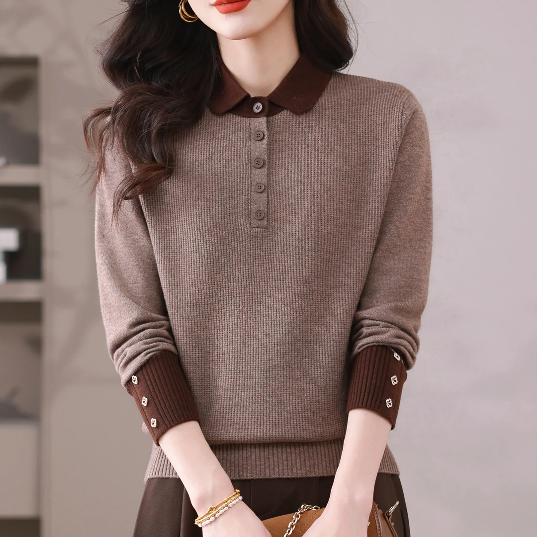 春秋新款女士翻领短款套头外搭洋气时尚宽松显瘦外套针织衫女装