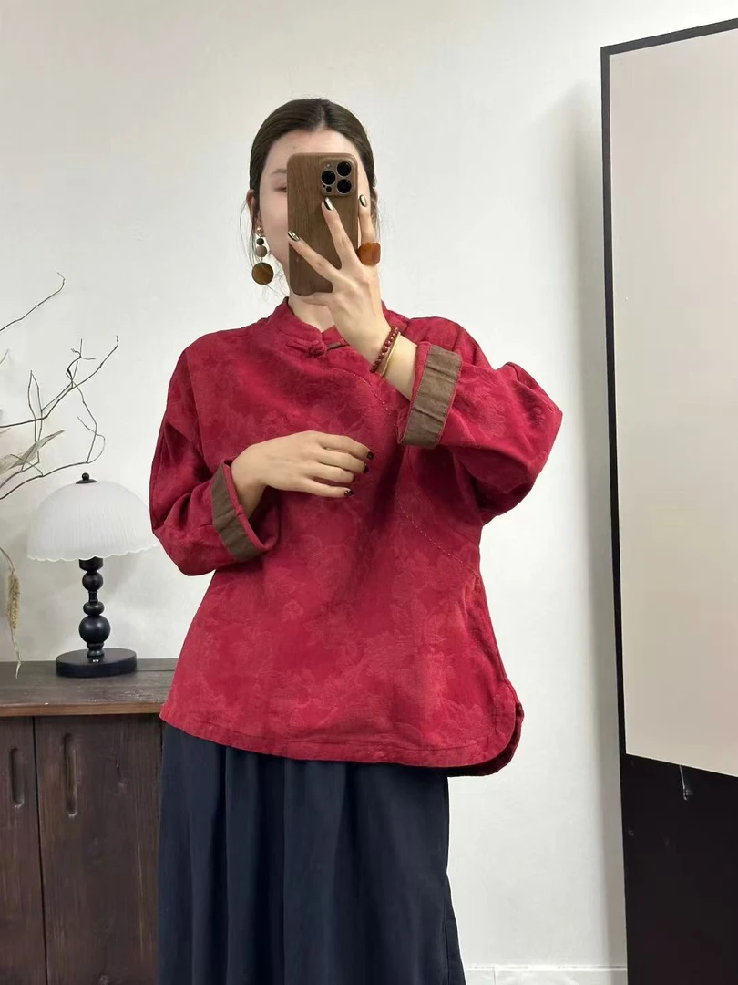芬雅亚麻提花复古中式套头衫衣长65胸围130