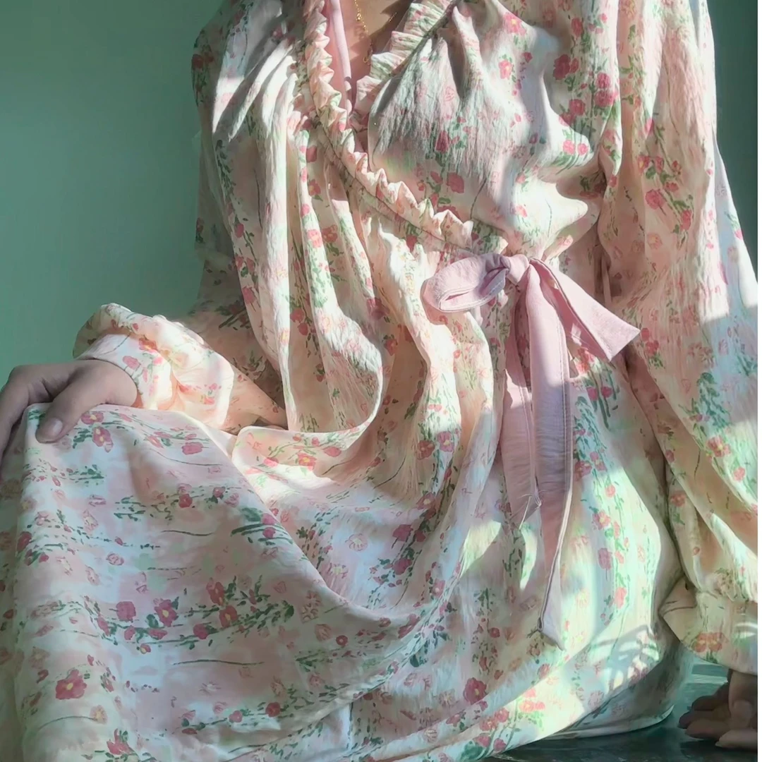 【莫奈花园】睡袍女春秋季新款居家国风樱花浴袍高级感家居服睡裙夏