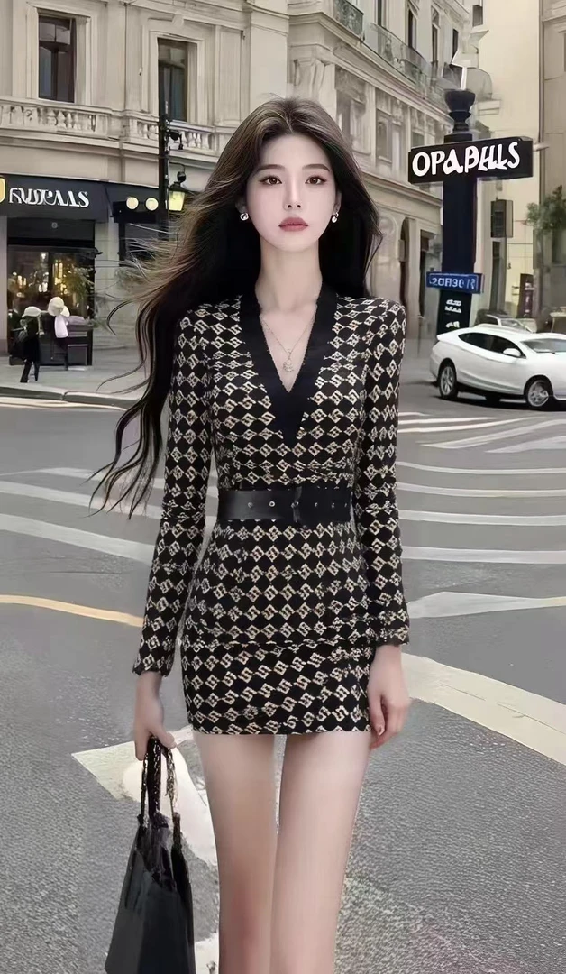 气质名媛时尚纯欲风黑色V领长袖修身收腰包臀显瘦设计感连衣裙