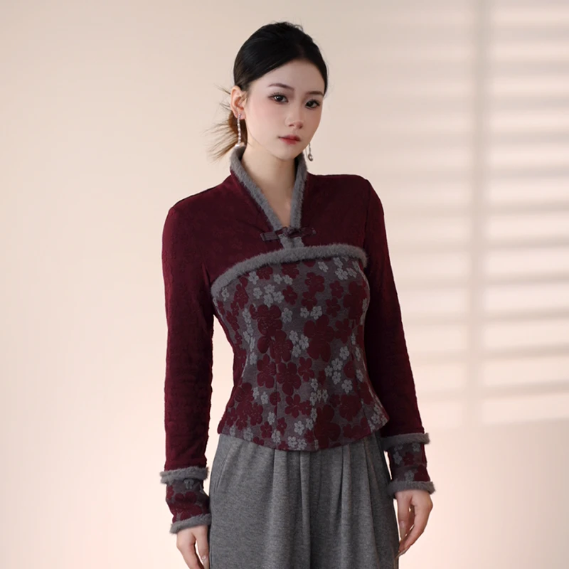 【闻讯】冬季新款气质显瘦假两件拼裁植绒加绒加厚长袖上衣-80158