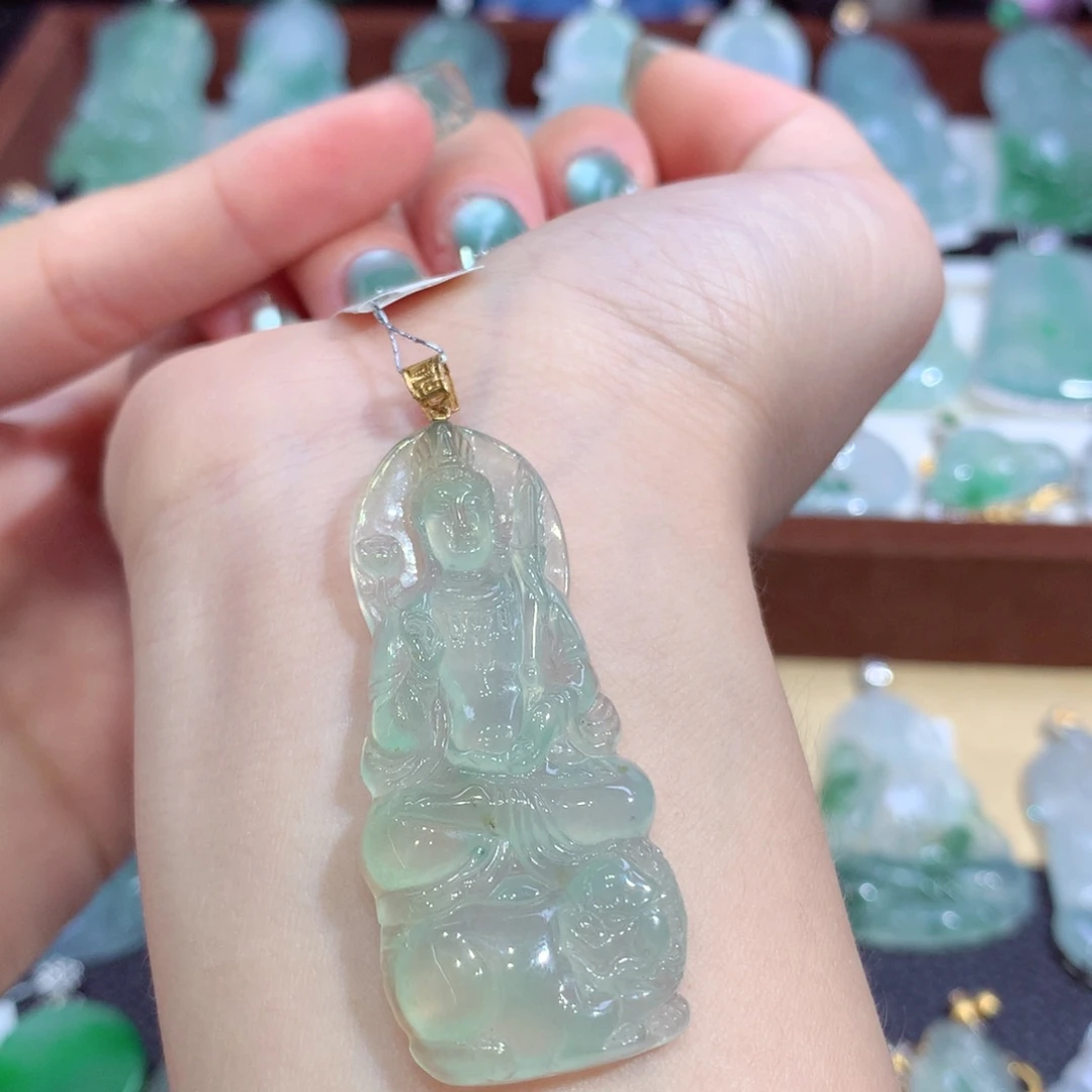 翡翠18K金镶嵌吊坠(不含链)天然缅甸A货翡翠揭阳工文殊菩萨