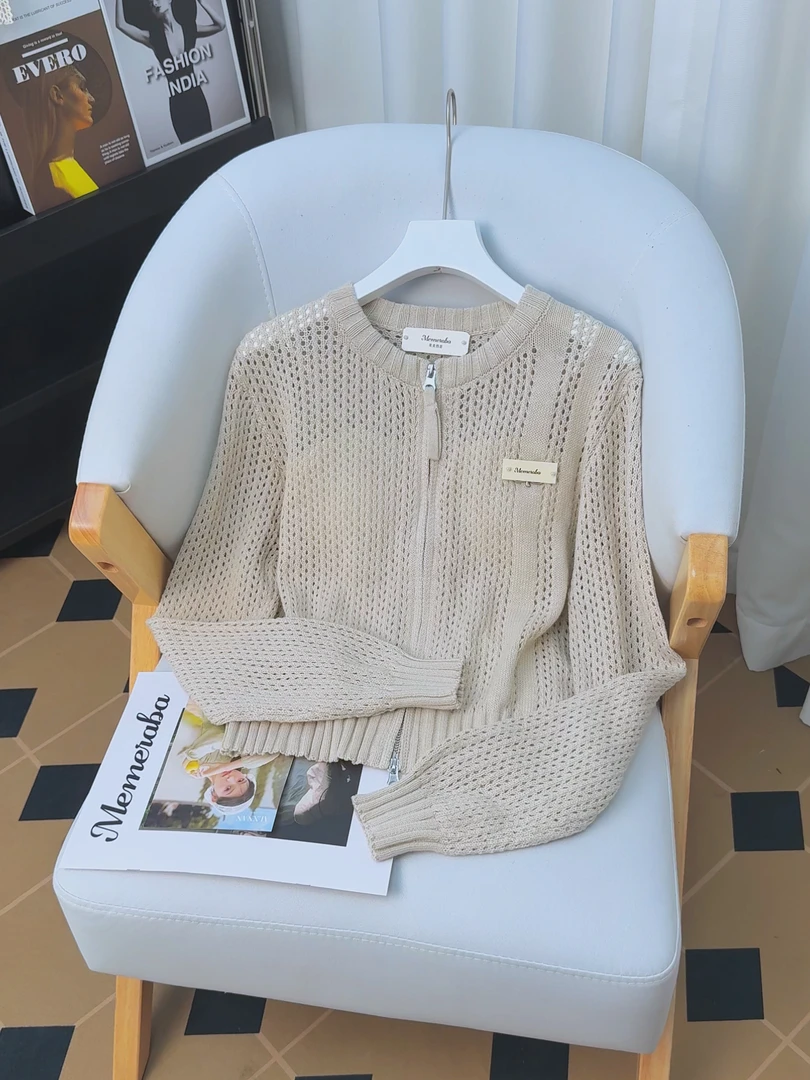 韩版设计感镂空网眼拉链开衫女复古百搭慵懒风短款针织罩衫上衣