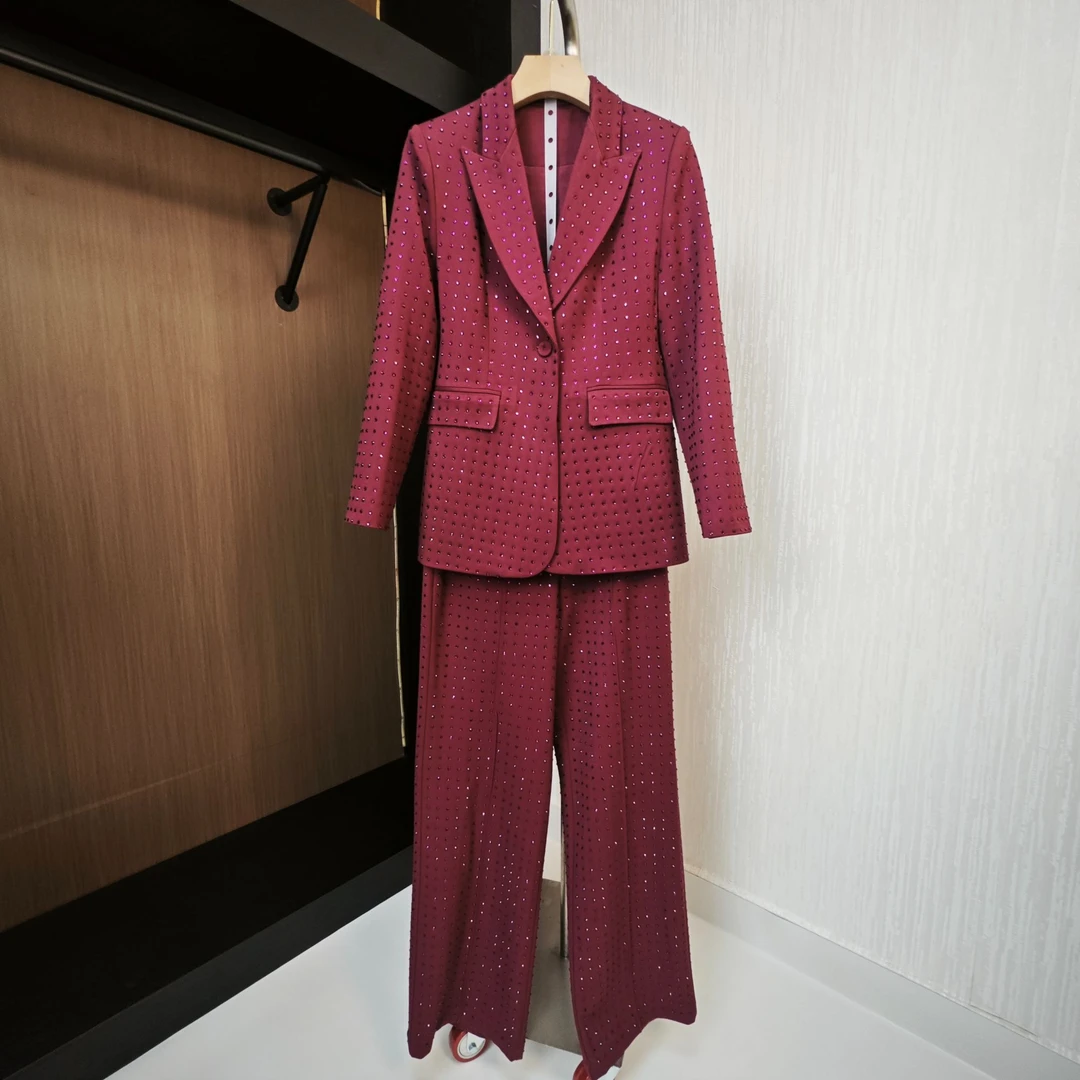 高定重工烫钻羊毛套装压钻新款轻奢网红时尚套装西装优雅韩版秋冬