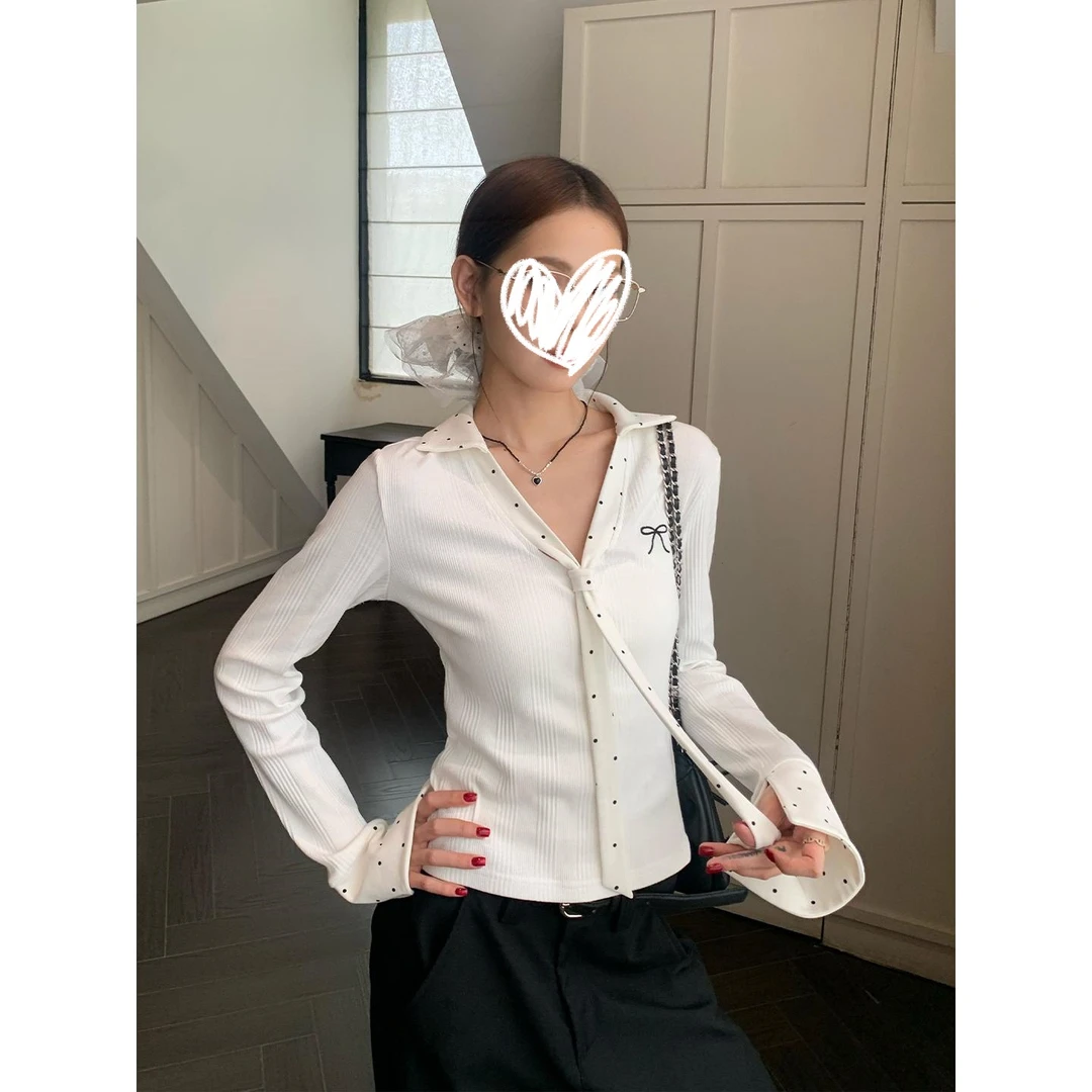 白色打底衫女2025新款初秋t恤正肩小蝴蝶结绣花波点元素polo领