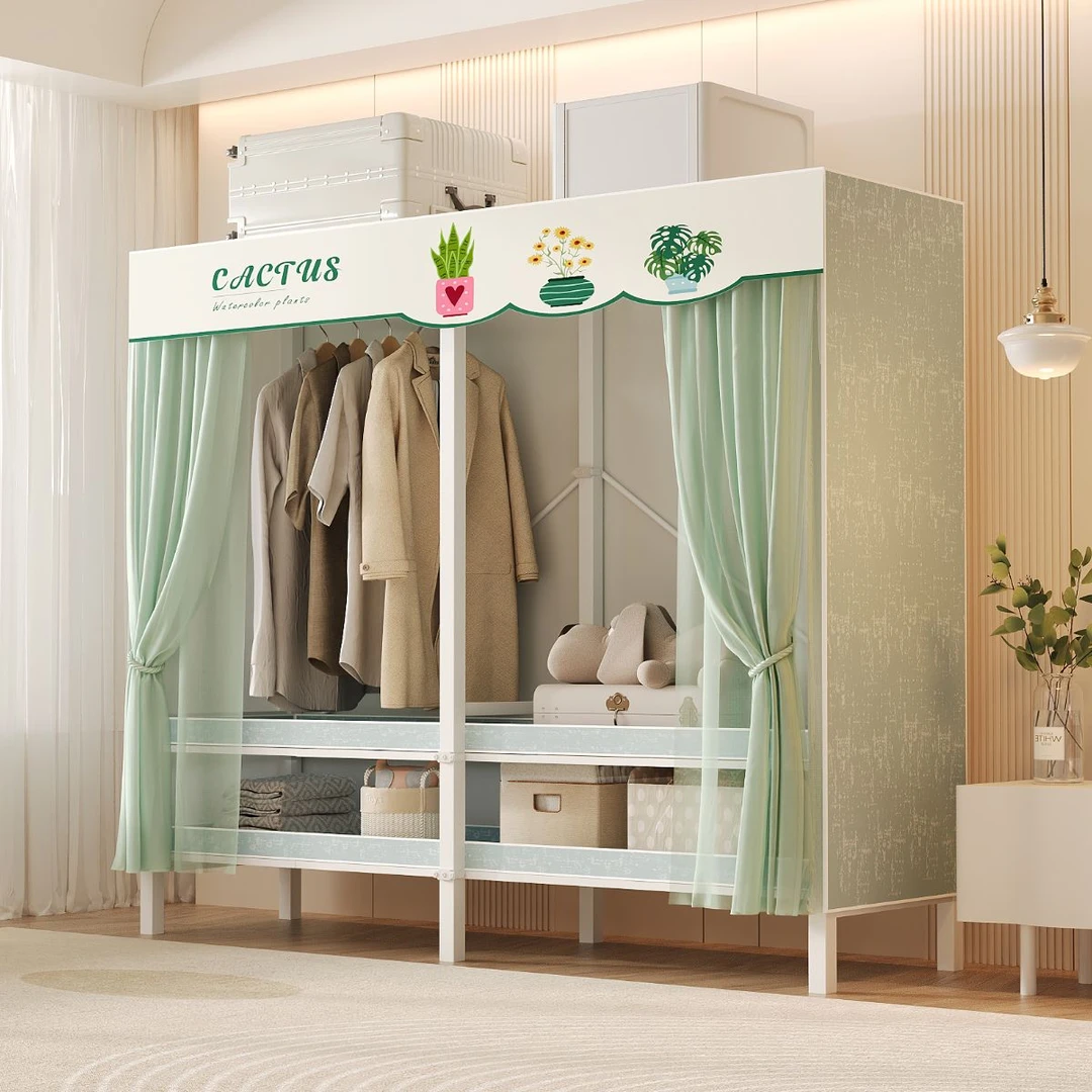 简易衣柜家用卧室结实耐用收纳柜出租房大容量折叠防尘纱帘布衣柜