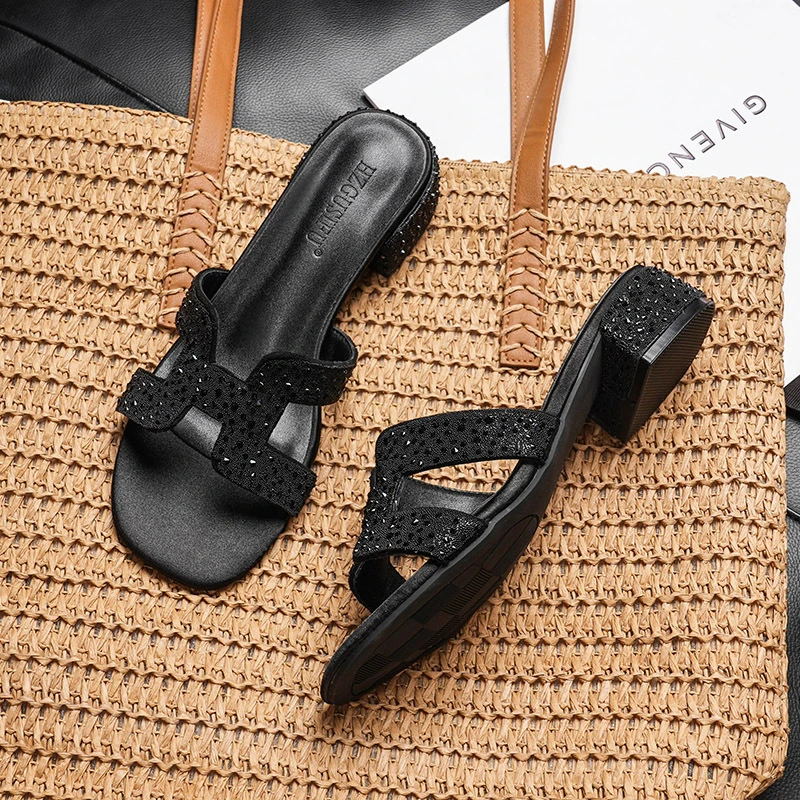 粗跟h半拖鞋女款2025新款爆款外穿气质沙滩休闲水钻高跟凉拖鞋夏