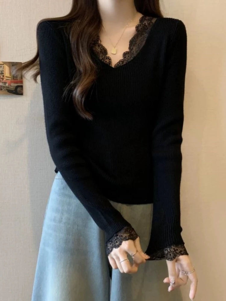 高级感蕾丝V领针织打底衫女均码