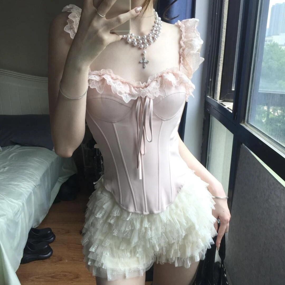 Moonpai【塞纳里花房】欲蕾丝花边鱼骨胸衣吊带上衣背心女套装