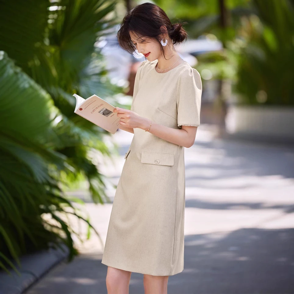 xlfs5876小香风短袖连衣裙女2025夏季新款优雅气质珍珠设计感裙子