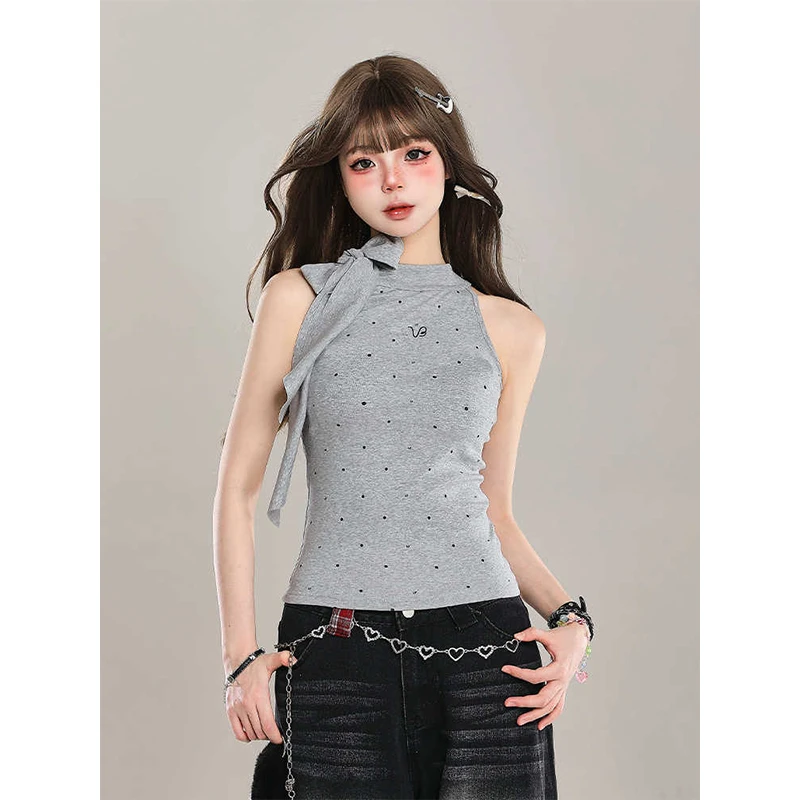 纯欲辣妹波点蝴蝶结绑带吊带女生夏季新款设计感无袖绝美背心上衣