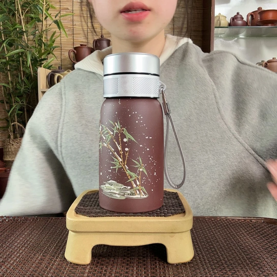 紫砂茶杯紫泥雪竹便携水杯350CC左右
