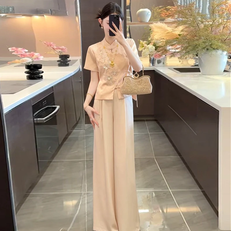 新中式无袖套装女士夏季高级感轻奢刺绣国风马甲上衣阔腿裤两件套