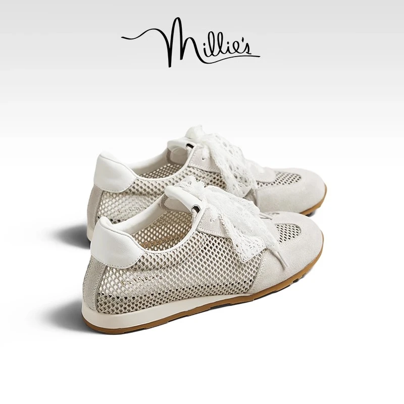 MILLIE'S/妙丽2025夏新款真皮网面透气阿甘鞋女运动德训鞋跑步鞋Z