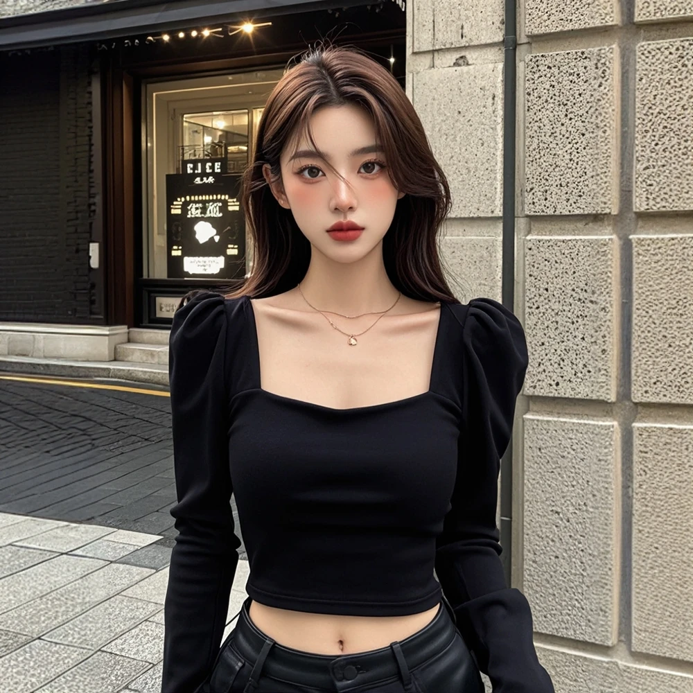 2025秋季新款黑色方领泡泡袖上衣设计感气质优雅T恤纯欲辣妹穿搭