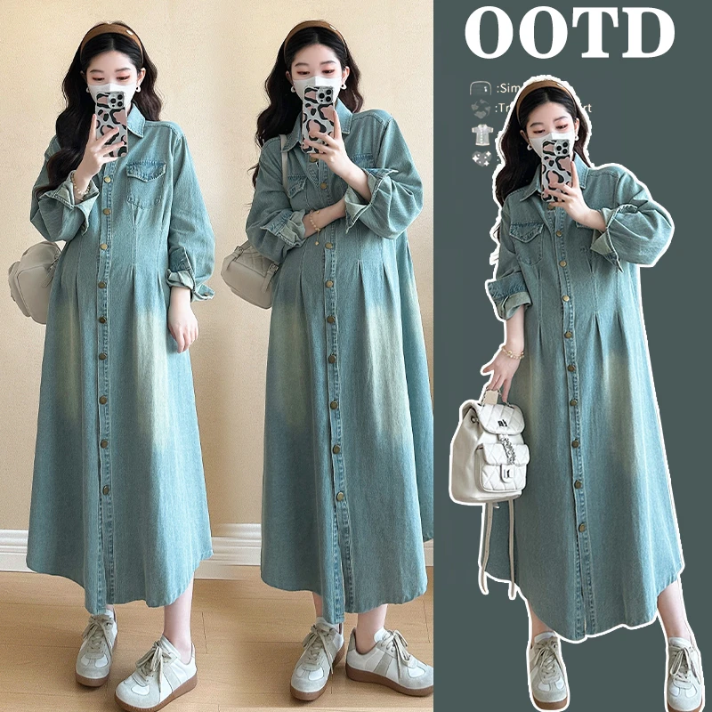 孕妇装春季气质长裙宽松显瘦长袖中长款时尚牛仔连衣裙孕妇裙