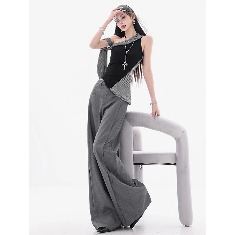 ABWEAR 高智天菜-原创垂感设计感灰色西装裤女夏薄款新款宽松阔腿