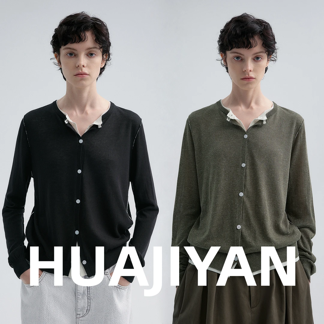 华吉言/HUAJIYAN【森屋】亚麻天丝混纺撞色拼接假两件圆领开衫上衣