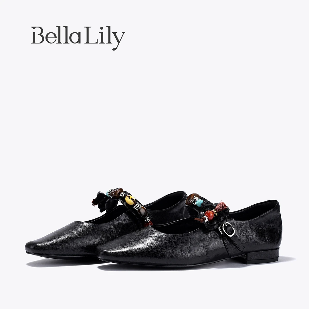 BellaLily秋季新款国风玛丽珍单鞋女气质优雅尖头低跟小皮鞋