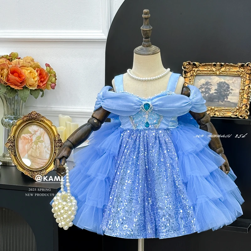 HM女童连衣裙2025新款夏款超仙蓝色爱莎公主吊带儿童宴会礼服裙子