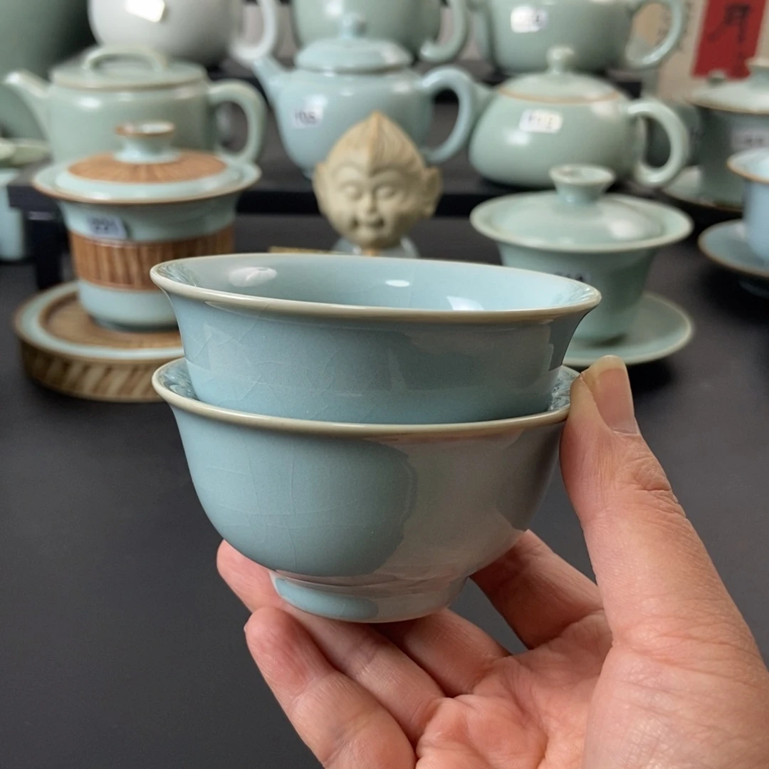 天青釉压手杯微瑕2支