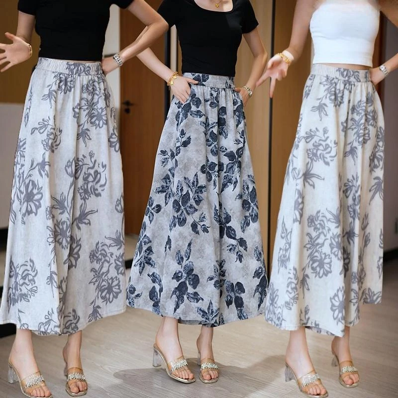 冰丝复古印花裙裤女2025夏季新款大码显瘦薄款宽松休闲裤通勤百搭