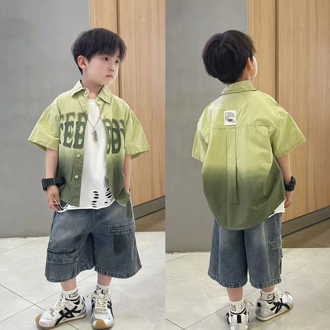 男童夏装衬衫套装2025新款韩版帅气男孩衣服儿童短袖工装两件套潮
