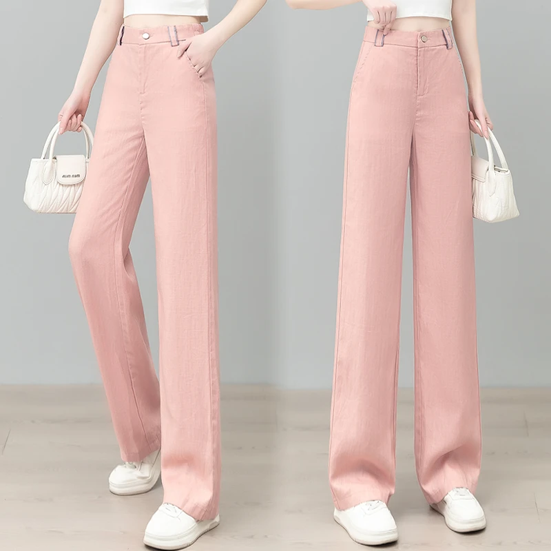 25079莱赛尔阔腿女2025夏薄款高腰直筒休闲裤亚麻设计感拖地长裤
