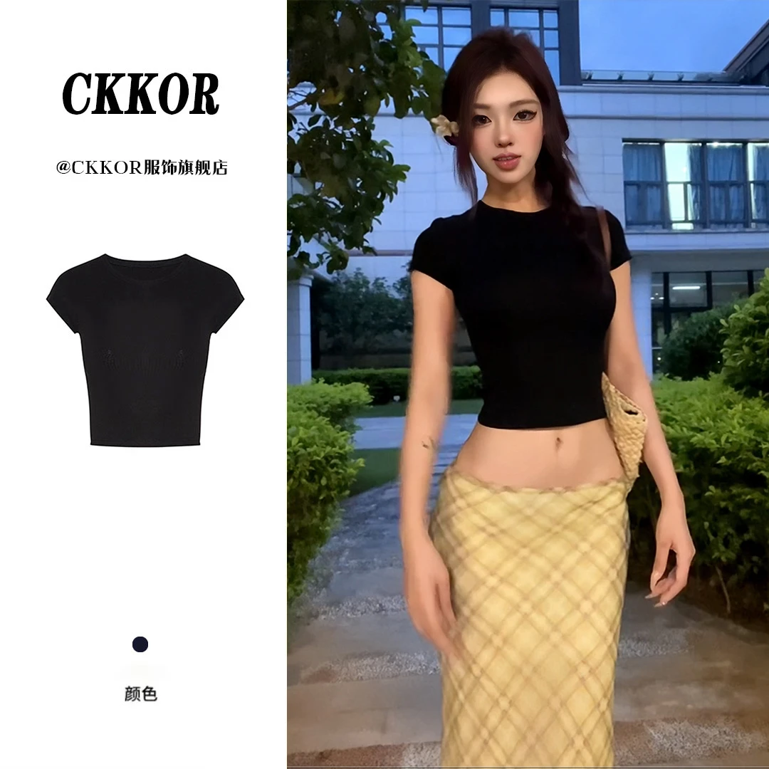 CKKOR圆领高腰短款黑色短袖t恤女小众高级感上衣性感辣妹修身女装